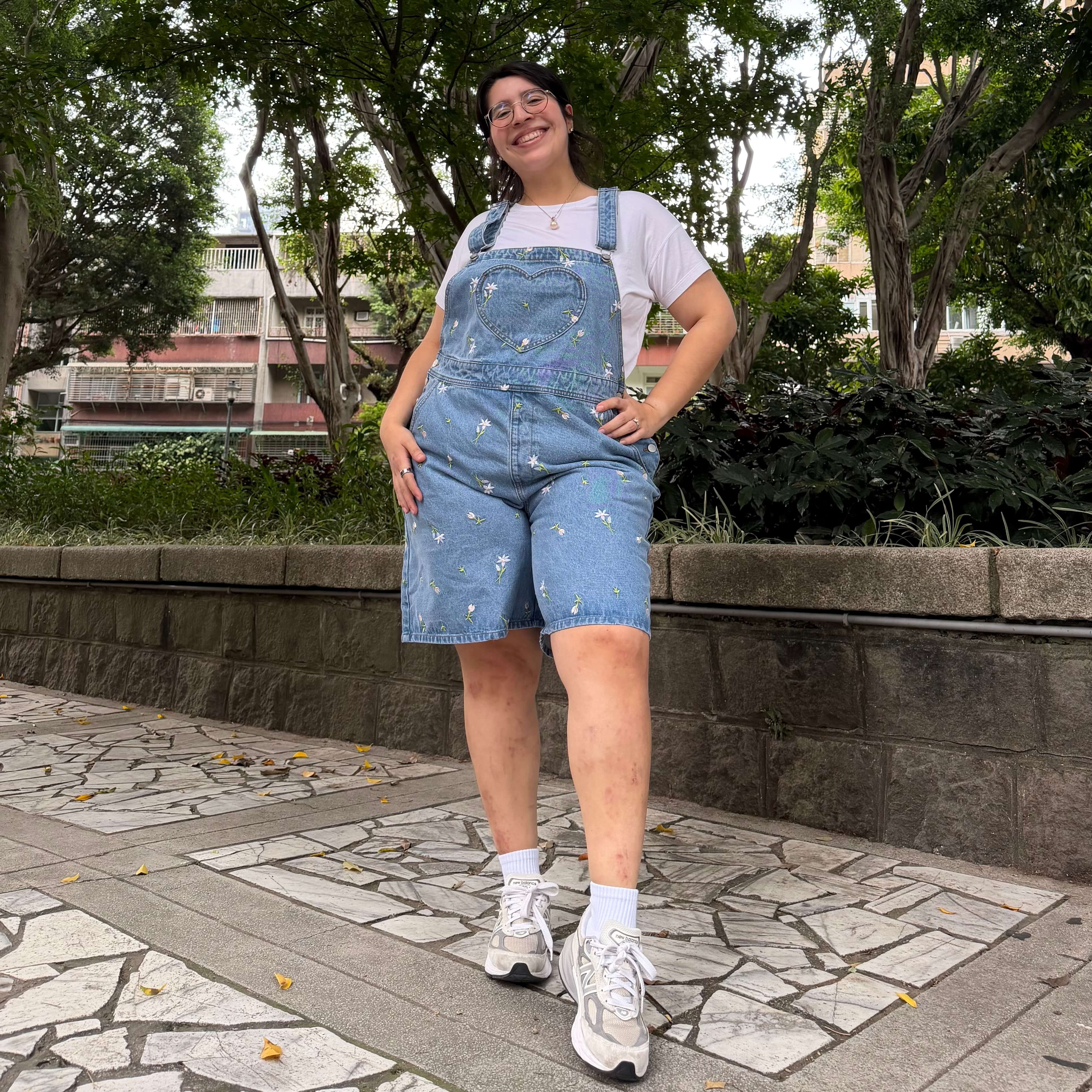 Denim Overall Shorts - Light Wash with Daisies