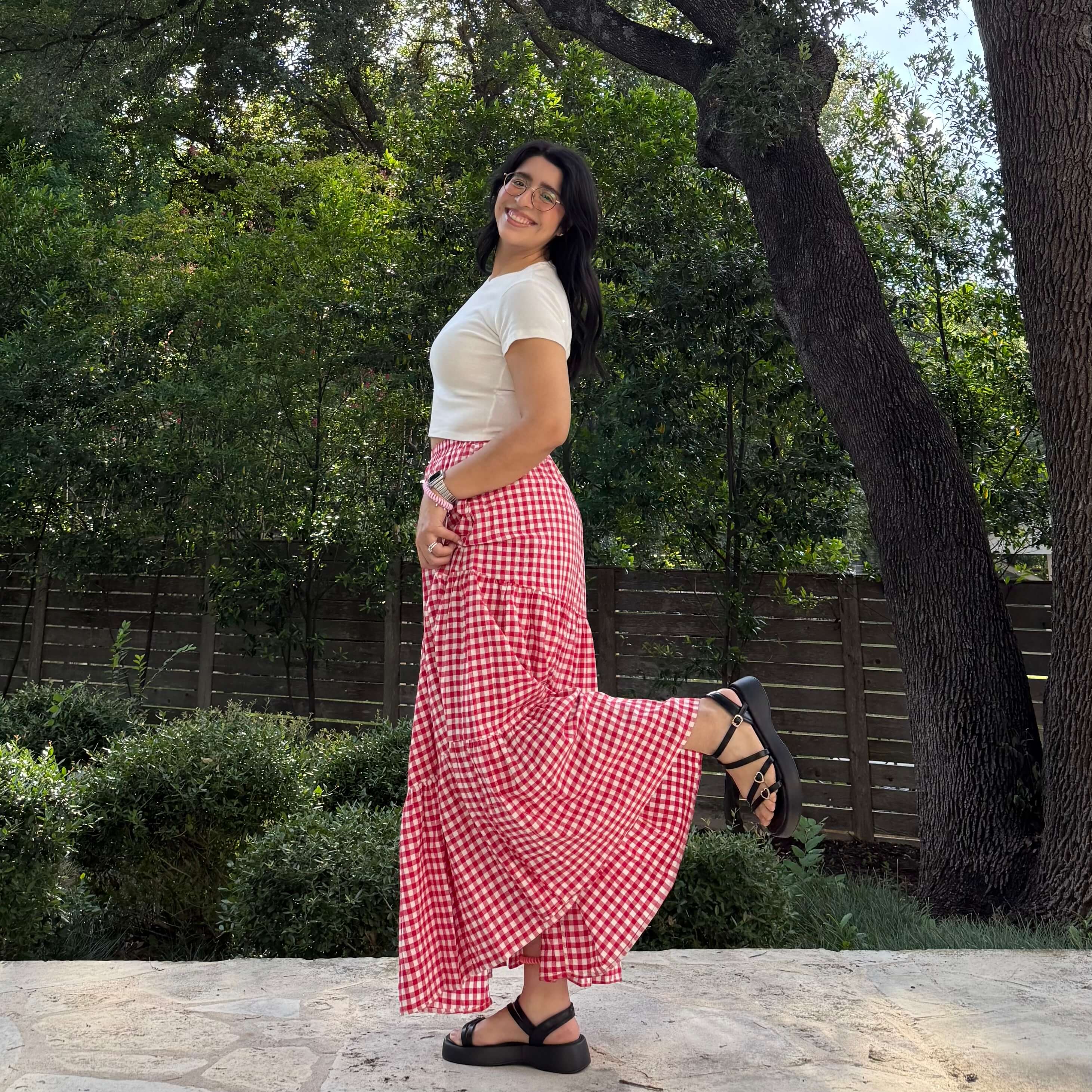 Gingham Long Skirt - Tomato